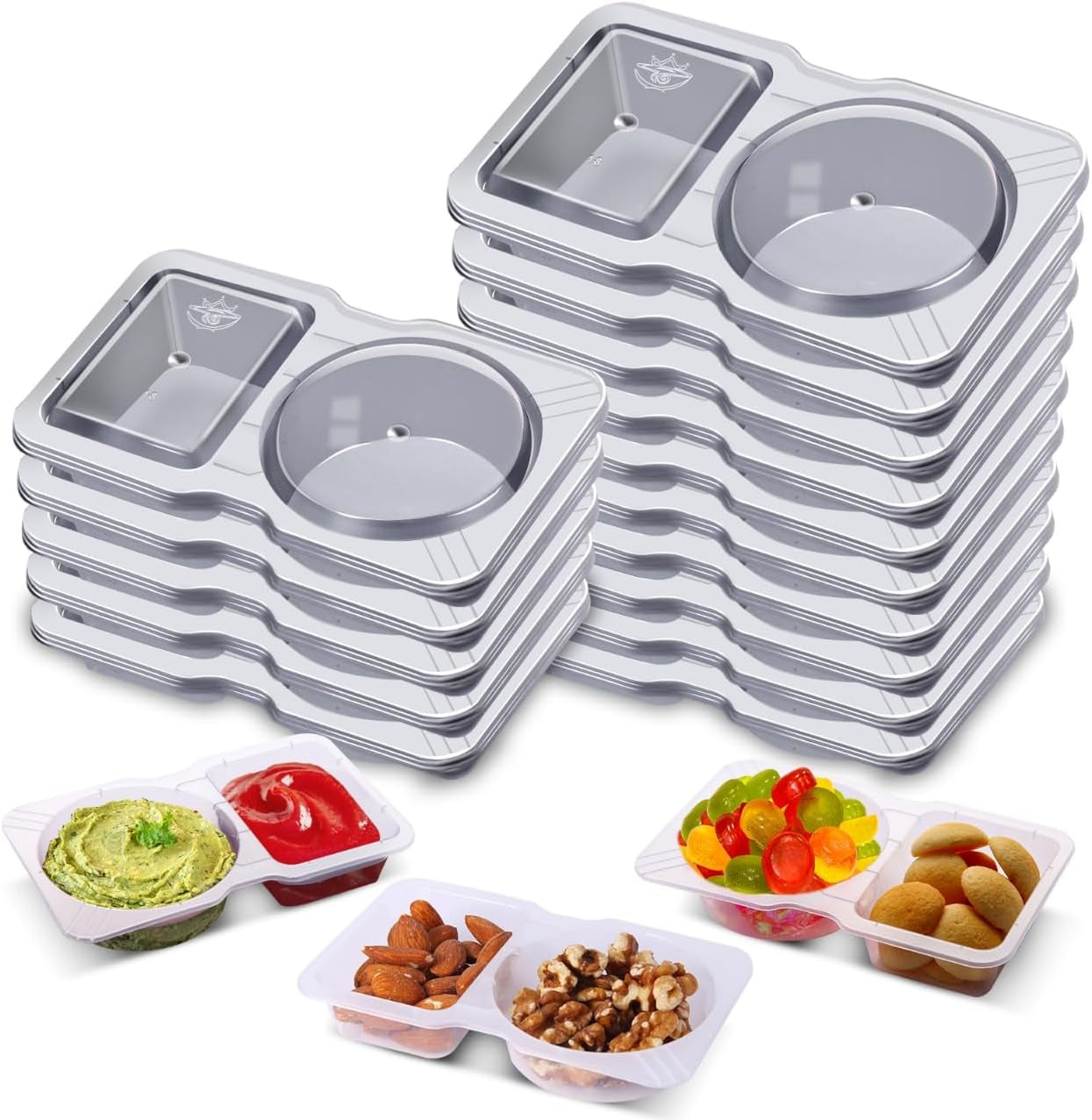 15 Sets Snack Containers, Reusable Double Compartment Condiment with Lids 2 Portion Snack Containers Sauces Dip, Disposable Box to Grab and Go with Prep for Adults, on the Go for Kids