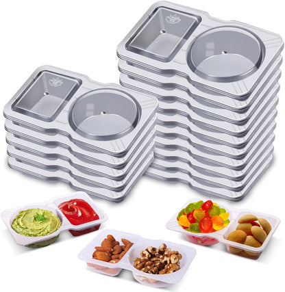 15 Sets Snack Containers, Reusable Double Compartment Condiment with Lids 2 Portion Snack Containers Sauces Dip, Disposable Box to Grab and Go with Prep for Adults, on the Go for Kids