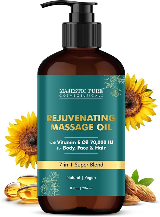 Vitamin E Massage Oil Blend with Sweet Almond, Jojoba, Argan, and Avocado | Invigorating and Relaxing Formula for All Skin Types | 8 Fl Oz