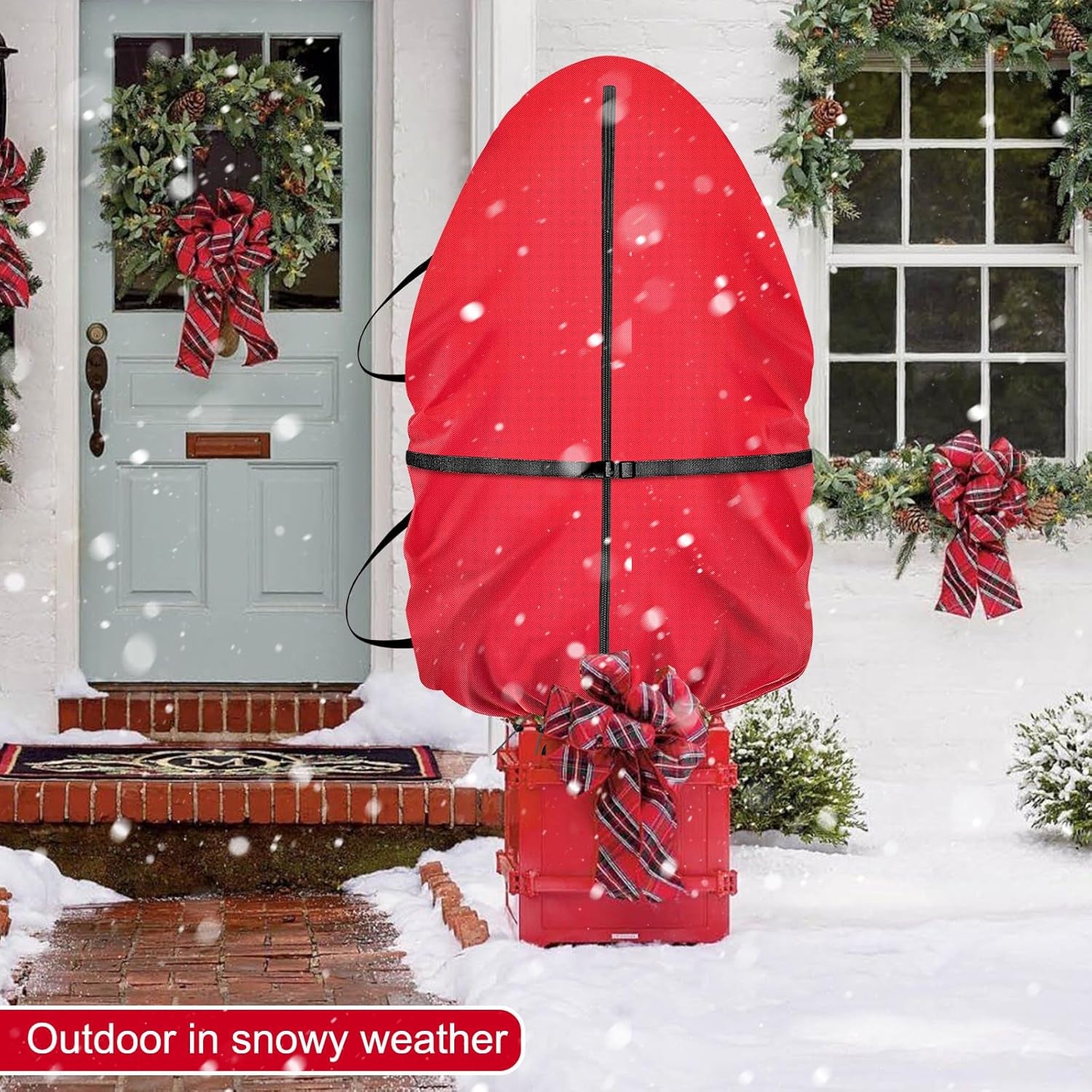 Upright Christmas Tree Storage Bag with Adjustable Straps, Christmas Tree Cover with Zipper Drawstring for 7.5 Foot Artificial Tree Standing with Ornaments, Dustproof