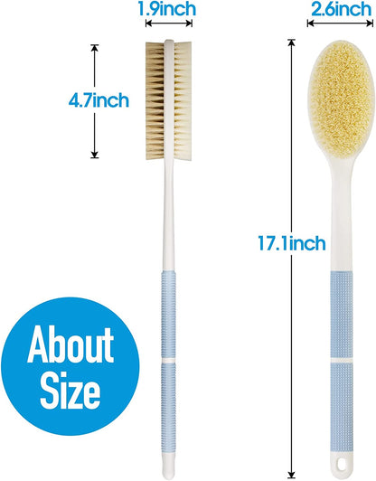 Anti-Slip Back Scrubber with Long Handle, Dual Bristle Shower Brush for Exfoliation and Dry Brushing (Blue)