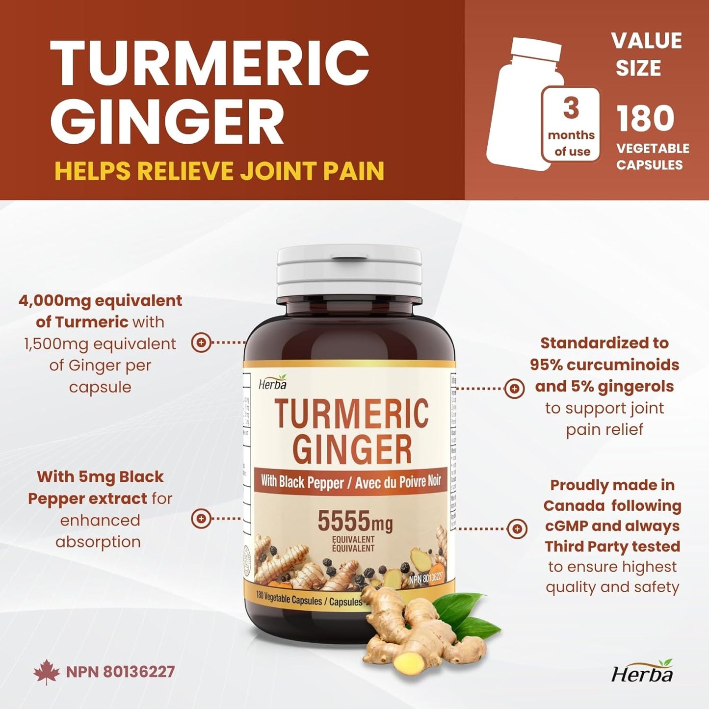 Turmeric Supplements for Inflammation with Black Pepper and Ginger - 180 Capsules | 5,555Mg Equiv. with 95% Turmeric Curcumin Supplements with Black Pepper | Joint Pain Relief | Made in Canada