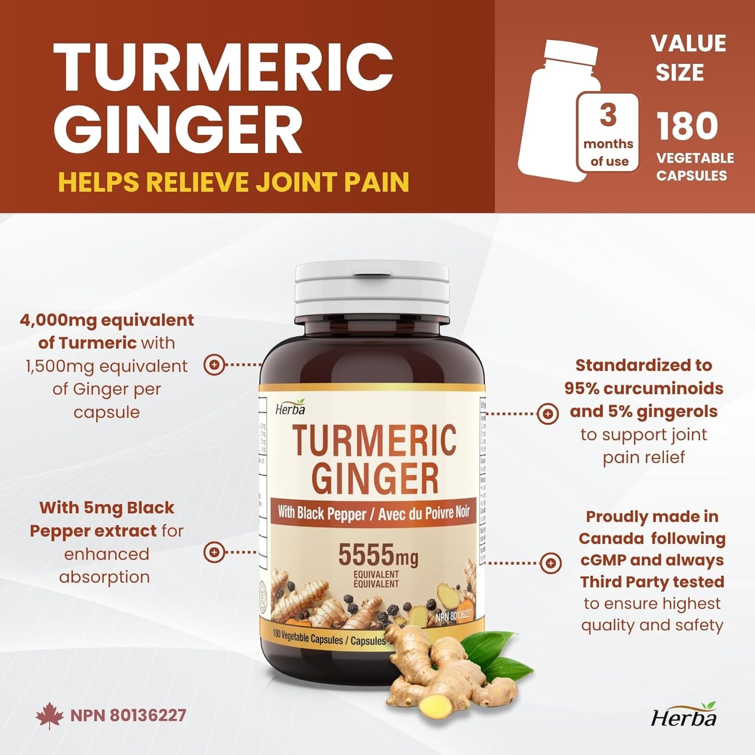 Turmeric Supplements for Inflammation with Black Pepper and Ginger - 180 Capsules | 5,555Mg Equiv. with 95% Turmeric Curcumin Supplements with Black Pepper | Joint Pain Relief | Made in Canada