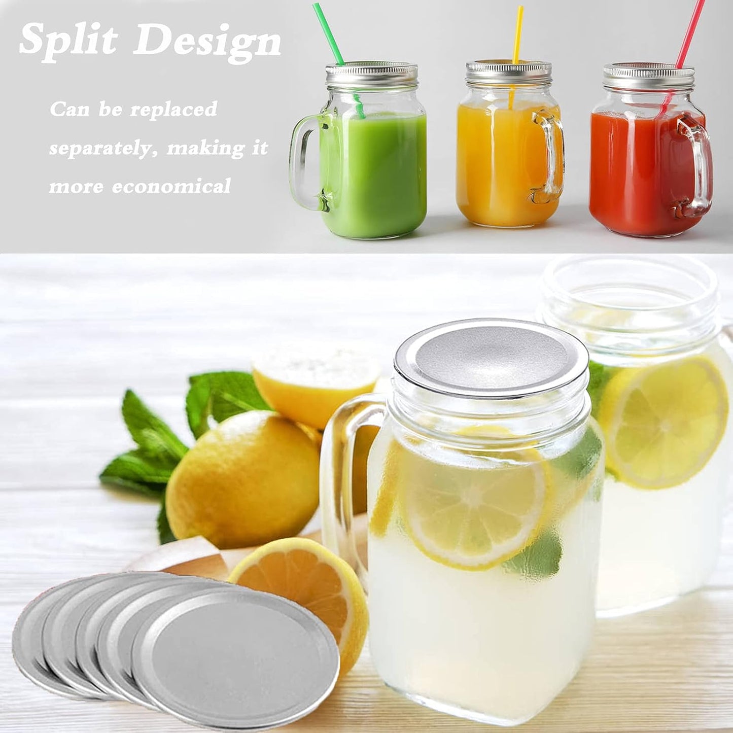 48 PCS Canning Jar Lids and Bands, Mason Canning Lids with Silicone Ring Leak Proof Secure, Reusable Split-Type Silver Lids for All Regular Mouth Mason Jars (70 Mm)