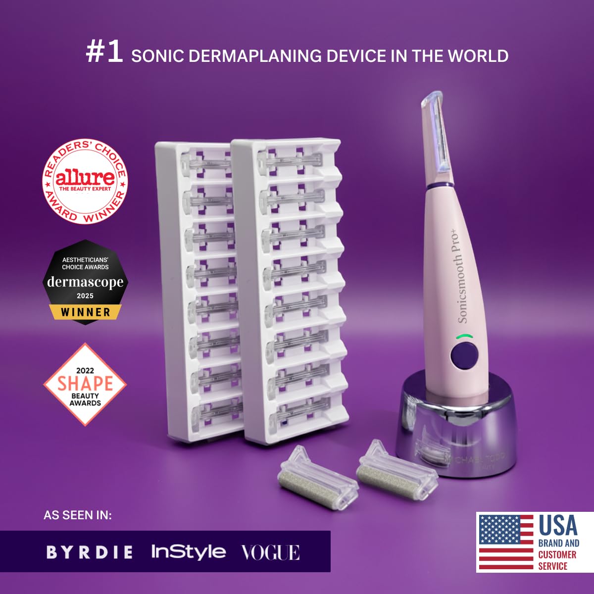 Beauty Sonicsmooth Pro+ Dermaplane Razor for Women Face + Eyebrow Trimmer Dermaplaning System W/Led Light Peach Fuzz Remover -16 Dermaplaning Blades & 2 Microsmooth Exfoliation Tips