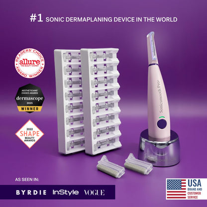Beauty Sonicsmooth Pro+ Dermaplane Razor for Women Face + Eyebrow Trimmer Dermaplaning System W/Led Light Peach Fuzz Remover -16 Dermaplaning Blades & 2 Microsmooth Exfoliation Tips