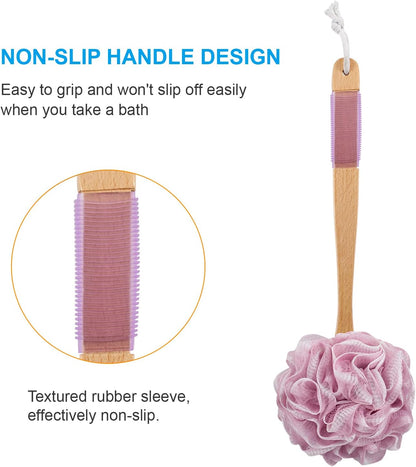 PE Soft Mesh Loofah Body Scrubber with Long Wooden Handle - pink