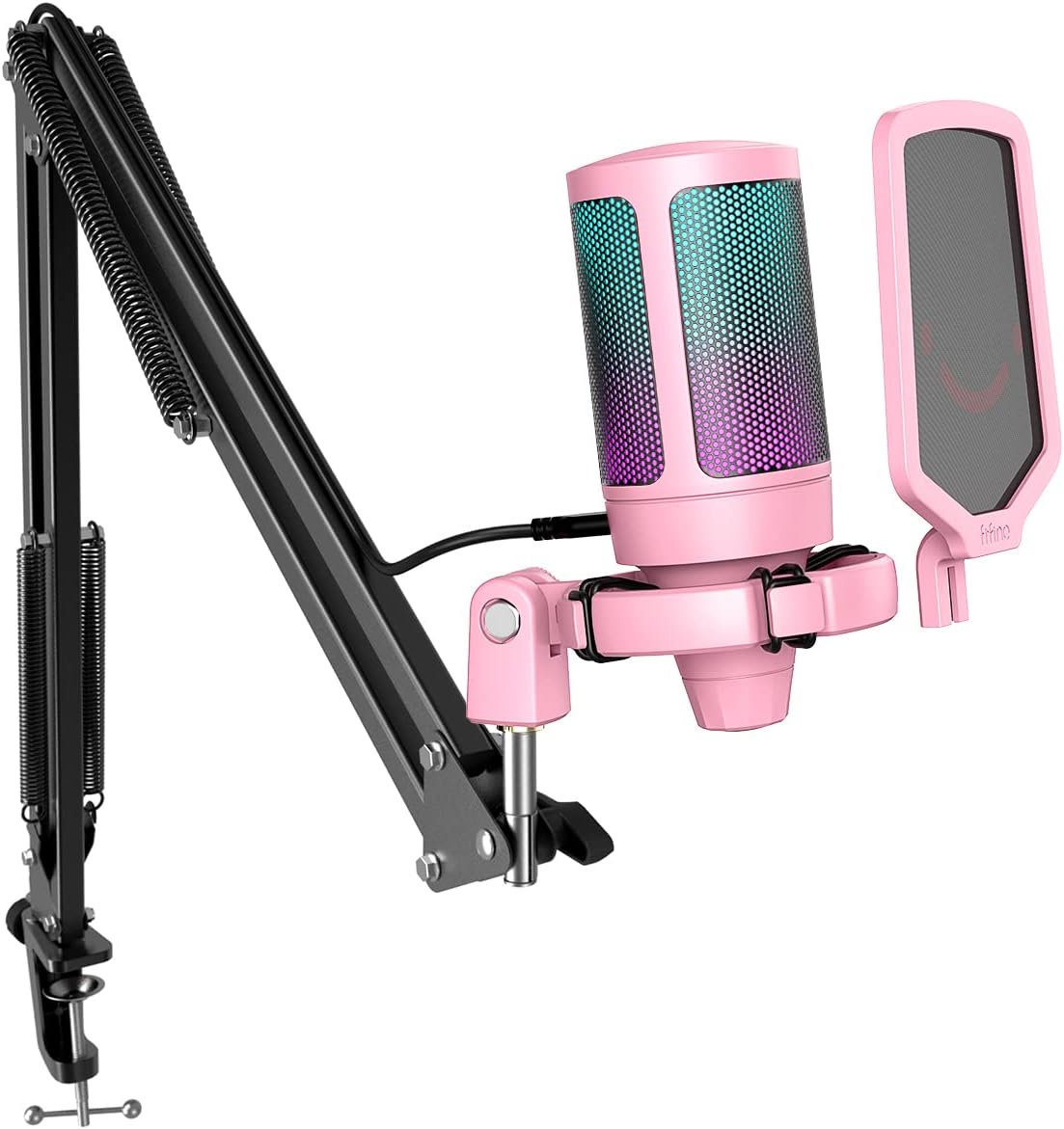 XLR Gaming Microphone USB, PC Dynamic Microphone Kit for Vocal, Recording, Podcast, Streaming RGB Mic with Headphone Jack, Mute Button, Boom Arm Stand for Computer/Mixer-Ampligame AM8T Pink