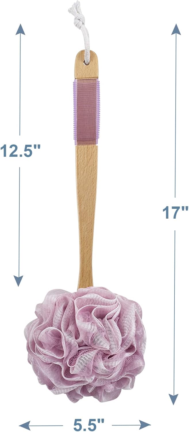 PE Soft Mesh Loofah Body Scrubber with Long Wooden Handle - pink