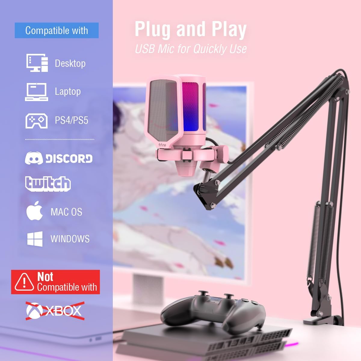 XLR Gaming Microphone USB, PC Dynamic Microphone Kit for Vocal, Recording, Podcast, Streaming RGB Mic with Headphone Jack, Mute Button, Boom Arm Stand for Computer/Mixer-Ampligame AM8T Pink