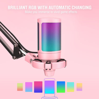 XLR Gaming Microphone USB, PC Dynamic Microphone Kit for Vocal, Recording, Podcast, Streaming RGB Mic with Headphone Jack, Mute Button, Boom Arm Stand for Computer/Mixer-Ampligame AM8T Pink