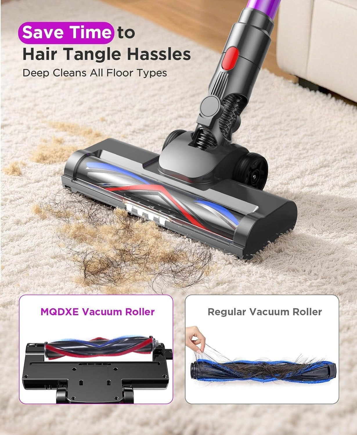 Cordless Stick Vacuum Cleaner: 550W Powerful Suction, LED Display, 55 Min Runtime, Anti-Tangle Brush, Rechargeable Battery, Lightweight for Home, Pet Hair, Hard Floors, Carpet