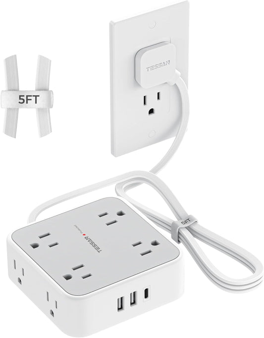 Flat Plug Power Bar,  5 Ft Extension Cord Indoor with 8 Multi Outlets and 3 USB (1 USB C), Surge Protector Power Strip, Wall Mount Charging Station for Home Office Dorm, Gray