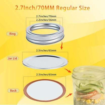 50 Pcs Mason Jar Lids and 10 Rings Set, 70MM Regular Mouth Canning Jars Lid with Silicone Seals, Pop Can Lids for Canning Supplies, Leakproof Split Type Mason Jar Lid, Ball Cans, Food Storage