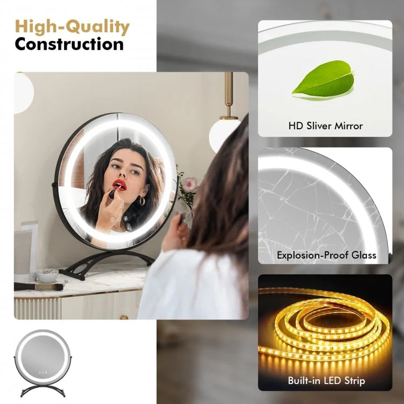 Round LED Vanity Mirror with Three Color Temperature Settings and Adjustable Brightness -16-Inch