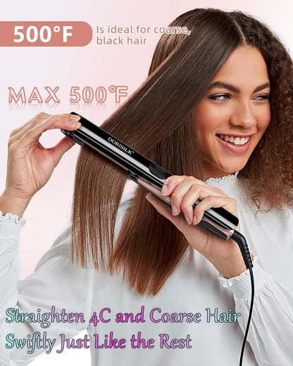 500 Degree High Temp Professional Hair Straightener，30S Fast Heating Ceramic Flat Iron ，2 in 1 Hair Straightener and Curler，Plasma Flat Iron Get Frizz-Free ，Dual Voltage for Travel Using