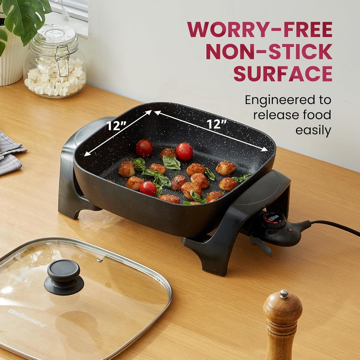 EG6201 Extra Deep 12"X12"X3.2" (7.5Qt.) Scratch Resistant Dishwasher Safe, Non-Stick Electric Skillet with Glass Vented Lid, Adjustable Temperature, Black