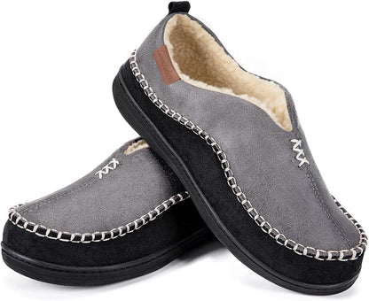 Men's Suede Moccasin Slippers with Memory Foam and Fuzzy Sherpa Lining
