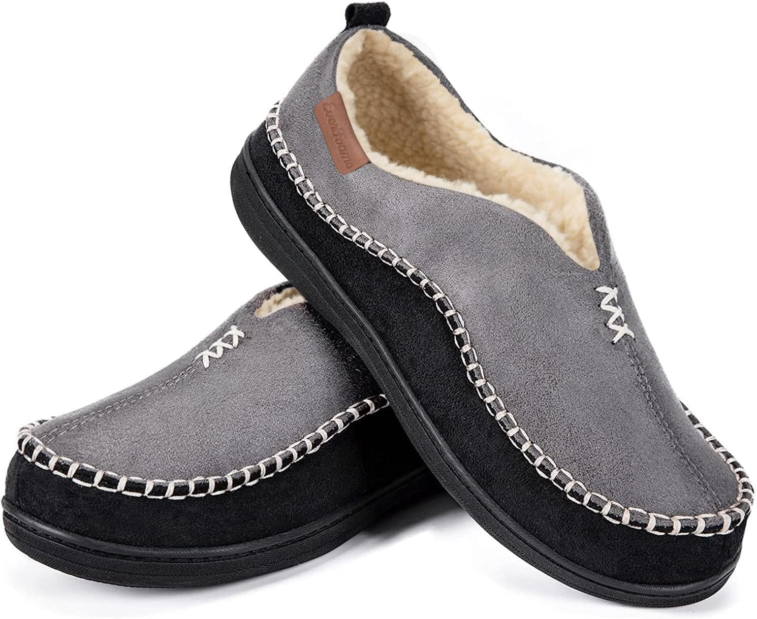 Men's Suede Moccasin Slippers with Memory Foam and Fuzzy Sherpa Lining