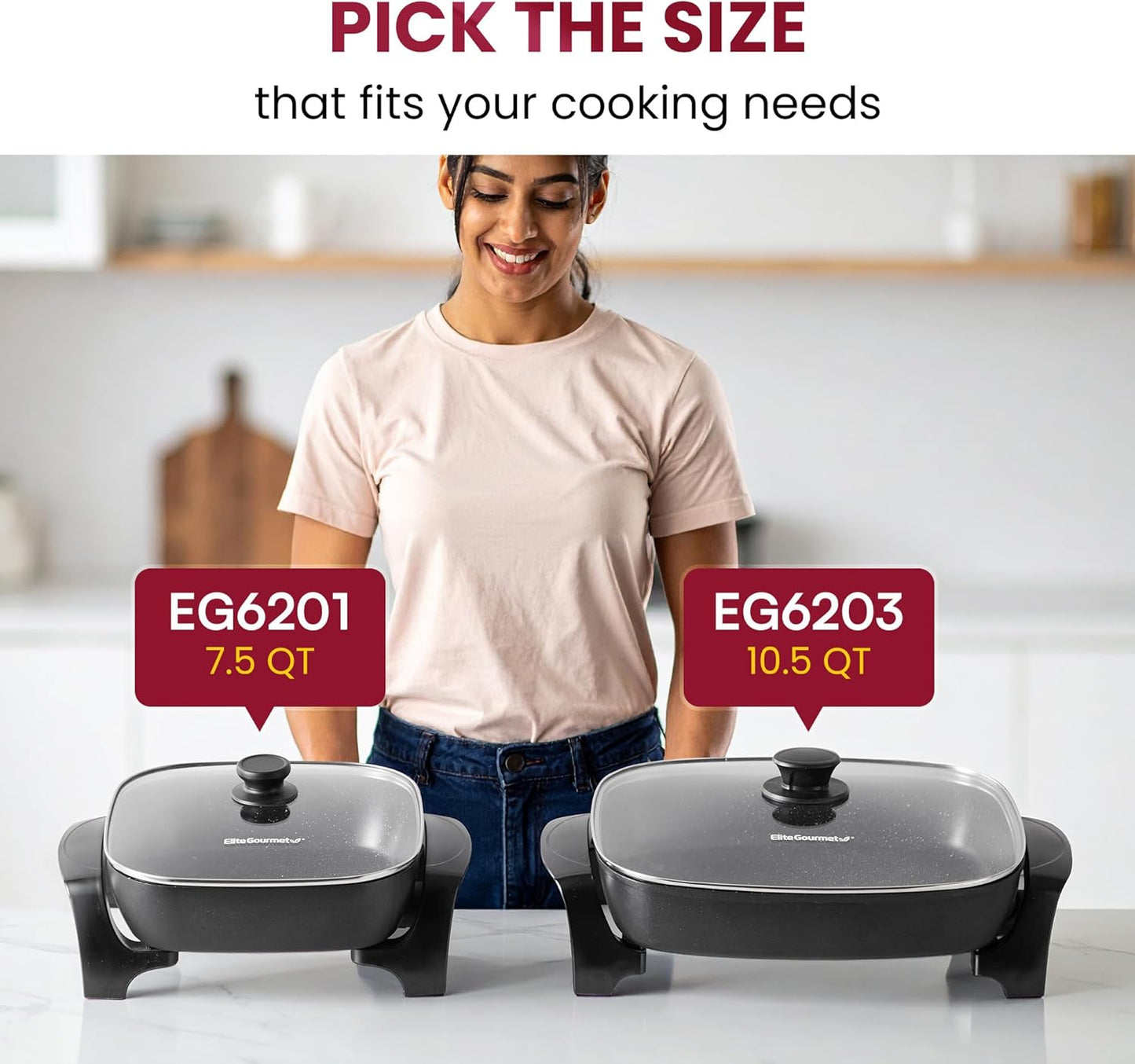 EG6201 Extra Deep 12"X12"X3.2" (7.5Qt.) Scratch Resistant Dishwasher Safe, Non-Stick Electric Skillet with Glass Vented Lid, Adjustable Temperature, Black