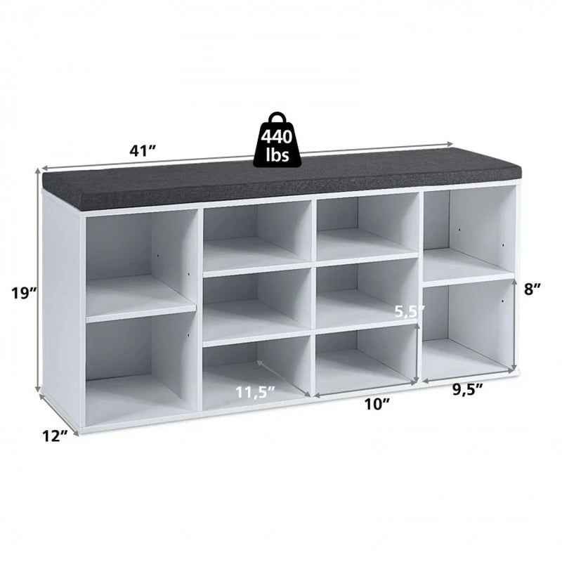 10-Cube Shoe Storage Bench with Cushion for Entryway Organization