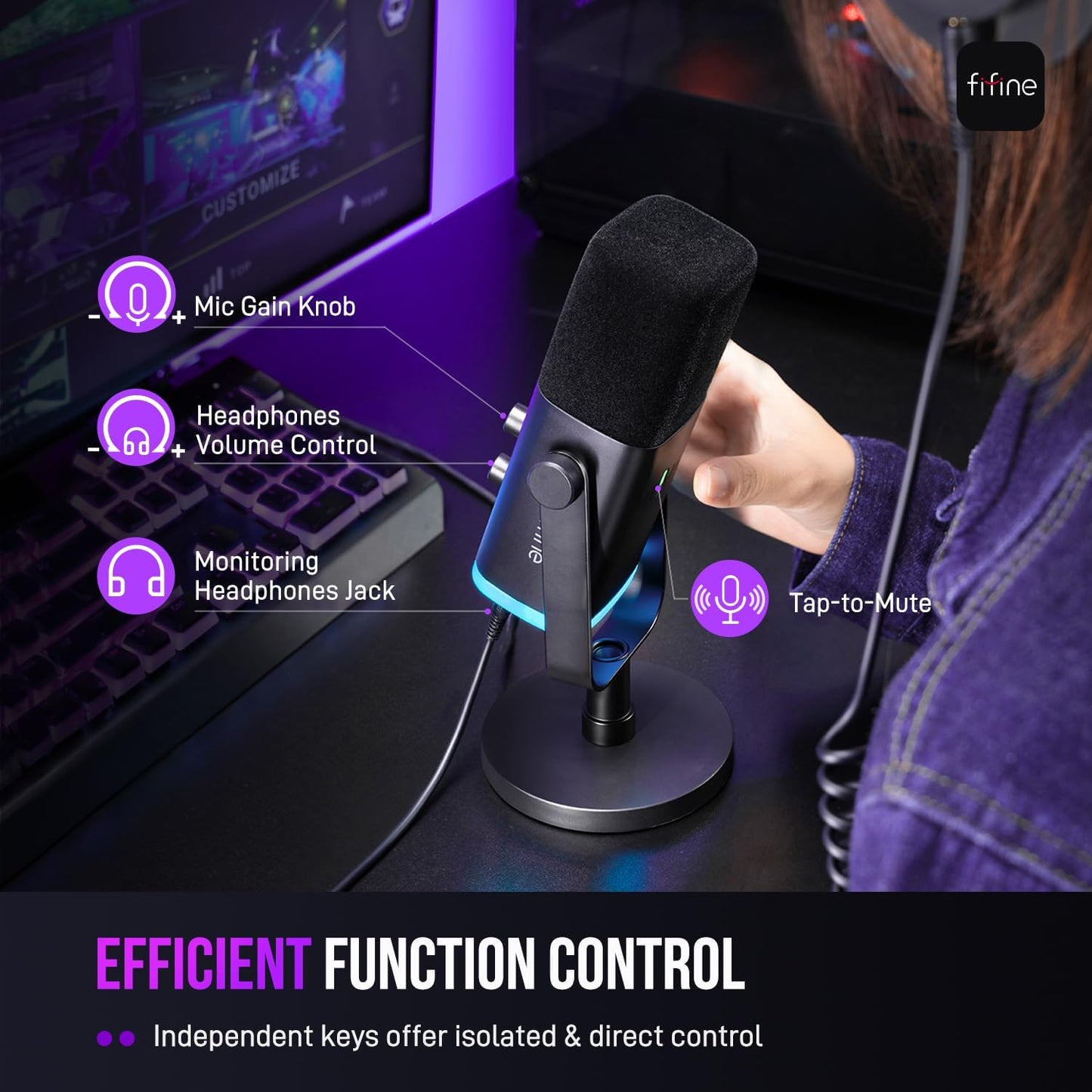 USB/XLR Dynamic Microphone for Podcast Recording, PC Computer Gaming Streaming Mic with RGB Light, Mute Button, Headphones Jack, Desktop Stand, Vocal Mic for Singing Youtube-Ampligame AM8