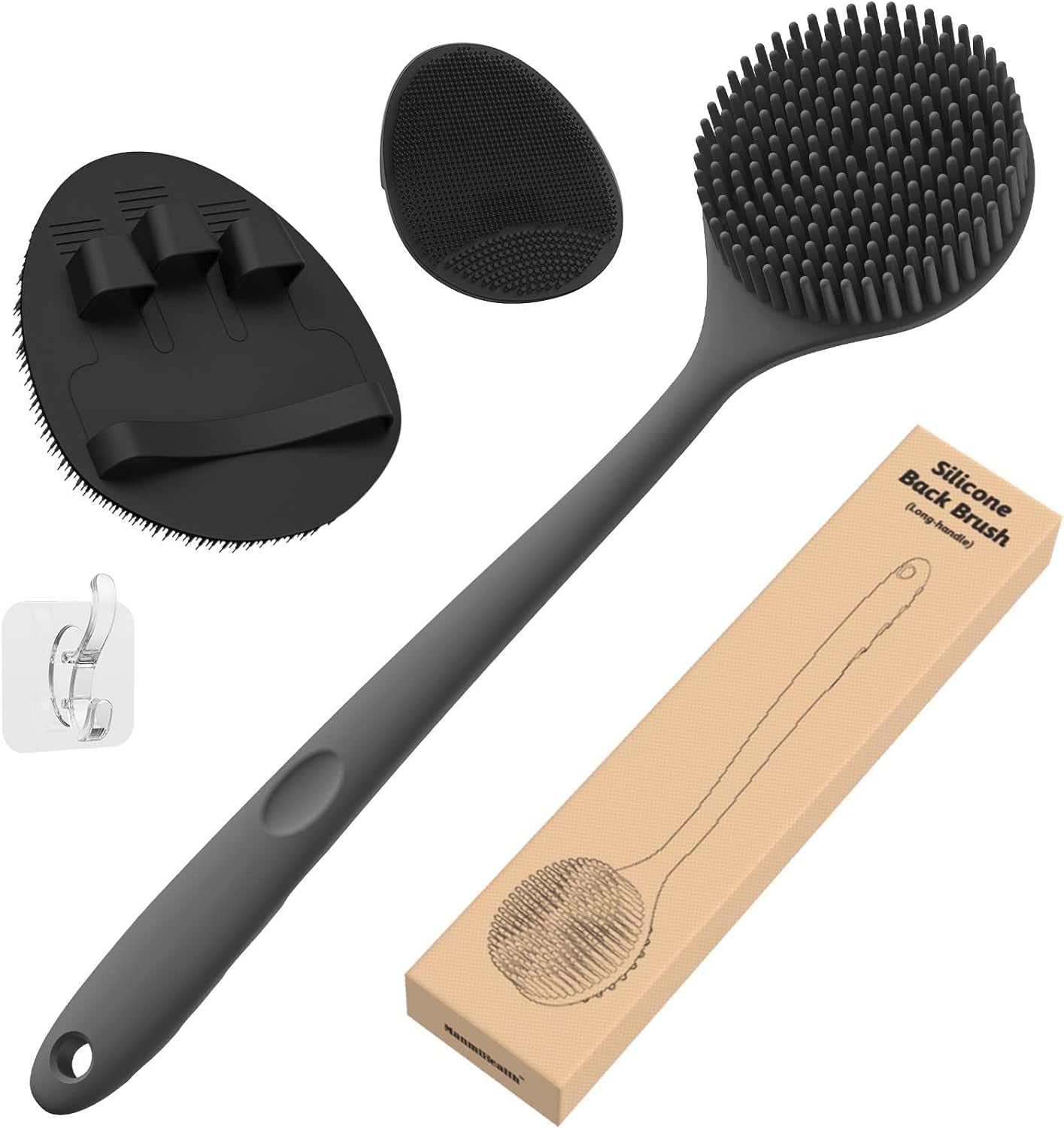 3-Piece Silicone Body Care Set: Thick Bristle Back Scrubber, Bath Glove, and Face Brush with Free Hook (Black)