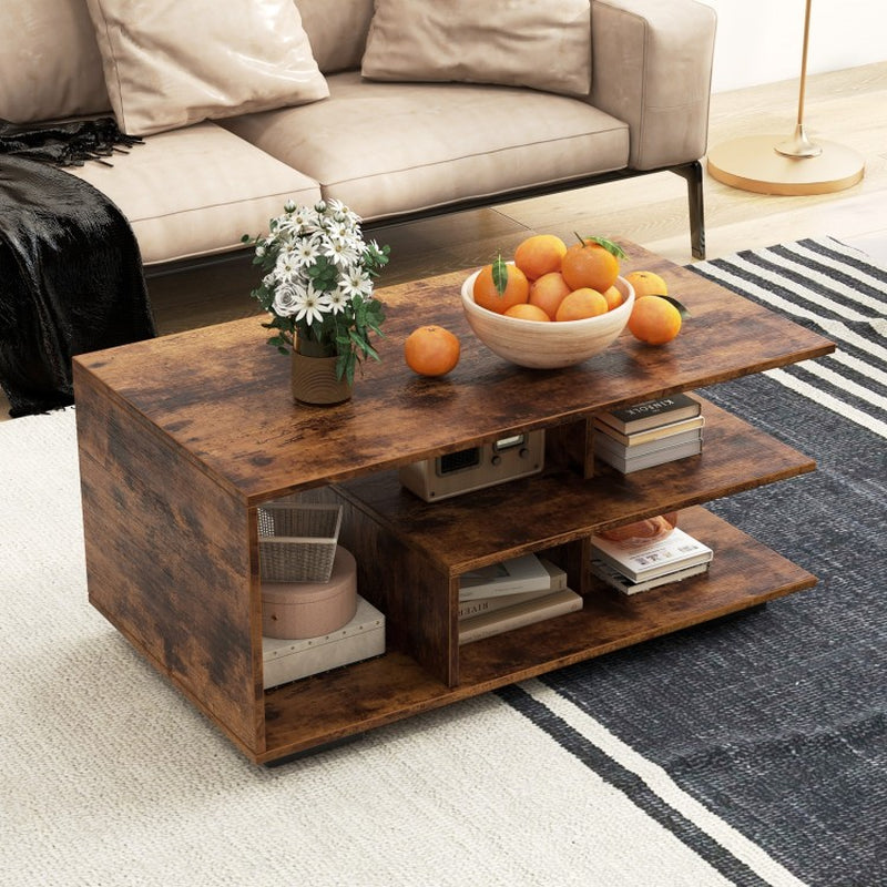 Rectangular Coffee Table Featuring L-Shaped Center Shelf