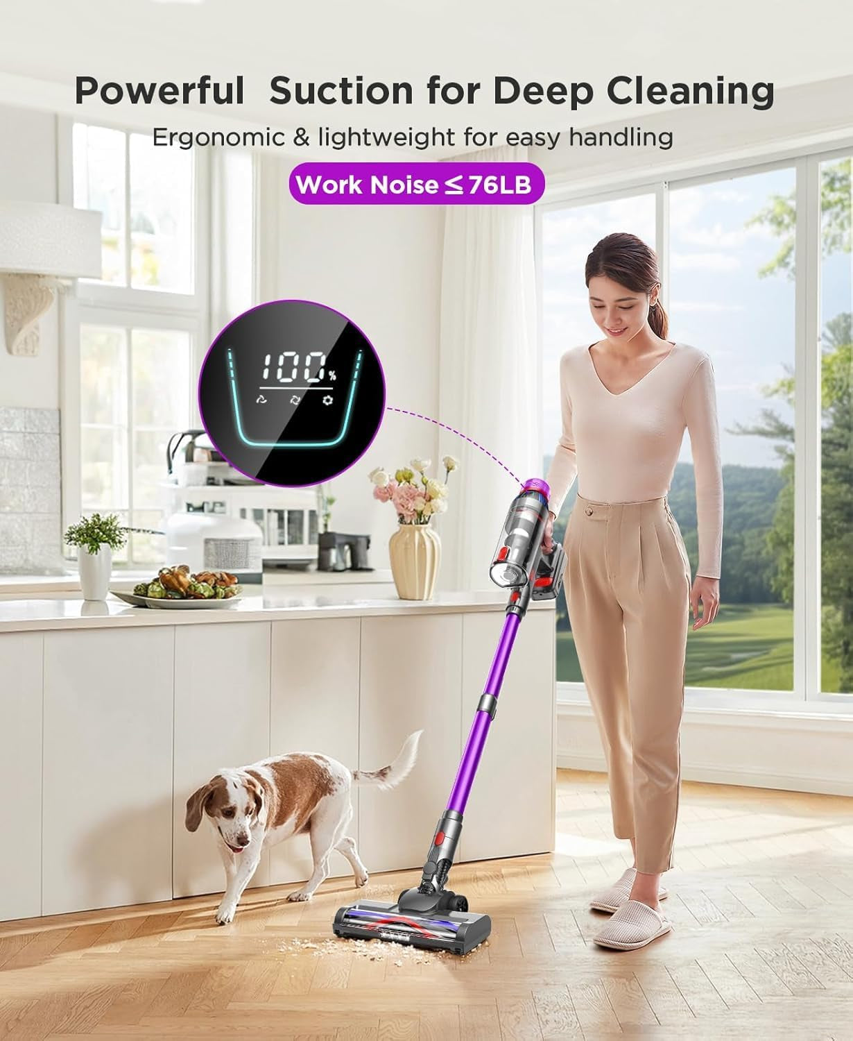 Cordless Stick Vacuum Cleaner: 550W Powerful Suction, LED Display, 55 Min Runtime, Anti-Tangle Brush, Rechargeable Battery, Lightweight for Home, Pet Hair, Hard Floors, Carpet