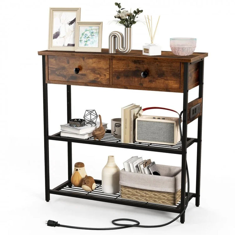 Narrow Console Table Featuring Two Drawers and Dual Metal Mesh Shelves