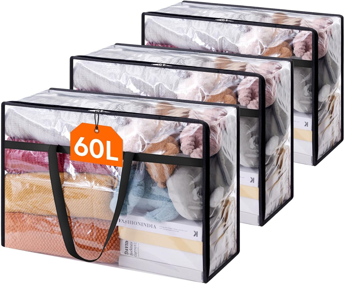 3 Pack Clear Clothes Storage Bags, 60L Plastic Blanket Storage Bags, Vinyl Foldable Moving Bags with Zipper, Closet Organizers and Storage Containers for Bedding, Duvet, Comforter