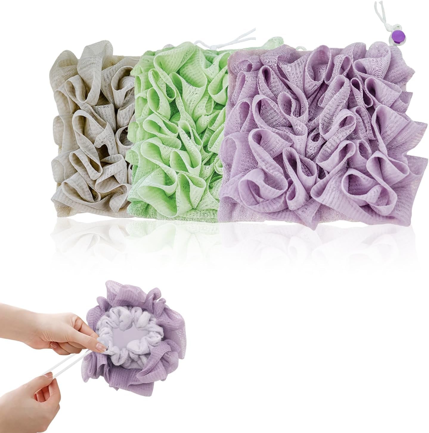 3-Pack Loofah Washcloth Combo 2-In-1, Soap Saver Pouch with Bar Soap Pocket, Exfoliating & Reusable Shower Sponge for Body Wash (Green, Purple, Khaki)