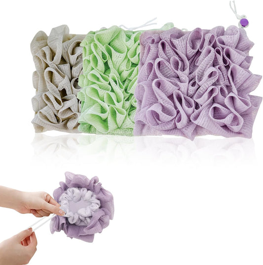 3-Pack Loofah Washcloth Combo 2-In-1, Soap Saver Pouch with Bar Soap Pocket, Exfoliating & Reusable Shower Sponge for Body Wash (Green, Purple, Khaki)