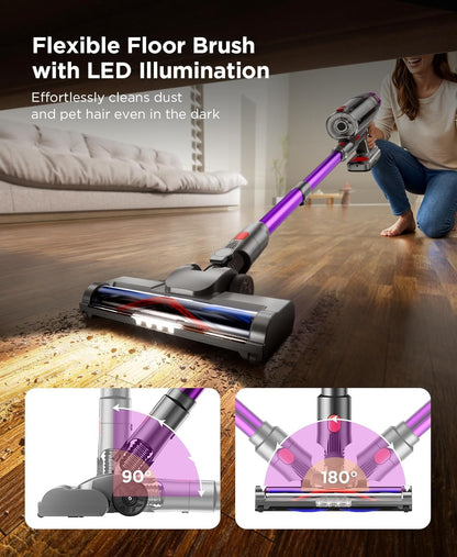 Cordless Stick Vacuum Cleaner: 550W Powerful Suction, LED Display, 55 Min Runtime, Anti-Tangle Brush, Rechargeable Battery, Lightweight for Home, Pet Hair, Hard Floors, Carpet