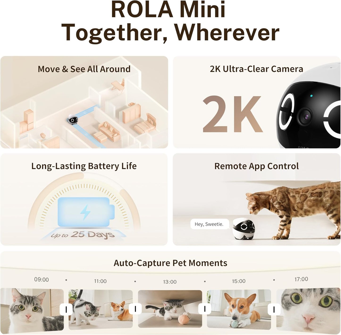 ROLA Mini 2K Pet Camera Robot: Movable Indoor Camera Battery-Powered with Phone App, One-Touch Call, 2-Way Talk, IR Night Vision, Motion Detection, Video Recording
