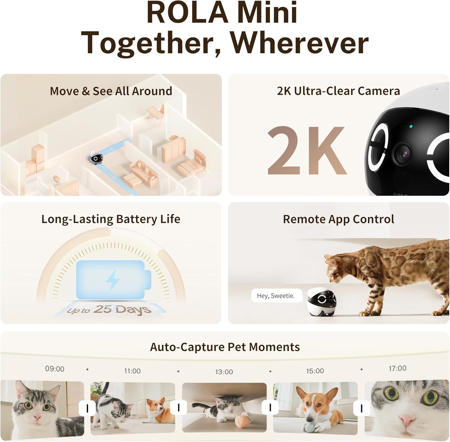 ROLA Mini 2K Pet Camera Robot: Movable Indoor Camera Battery-Powered with Phone App, One-Touch Call, 2-Way Talk, IR Night Vision, Motion Detection, Video Recording