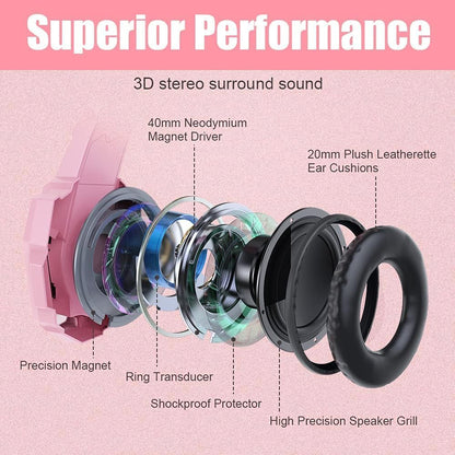 G9000 Professional Gaming Headset for PS4, PC, Xbox One Controller, Noise Cancelling over Ear Headphones with Mic, LED Light, Bass Surround, Soft Memory Earmuffs for Laptop - Pink
