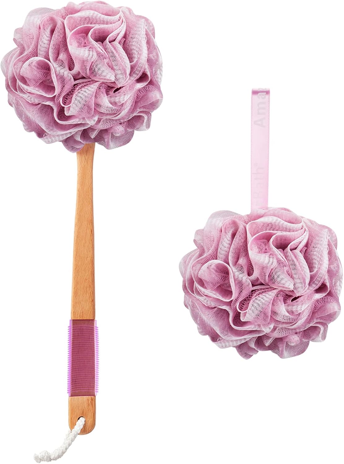 PE Soft Mesh Loofah Body Scrubber with Long Wooden Handle - pink
