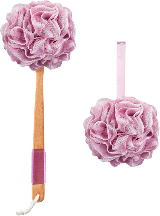 PE Soft Mesh Loofah Body Scrubber with Long Wooden Handle - pink