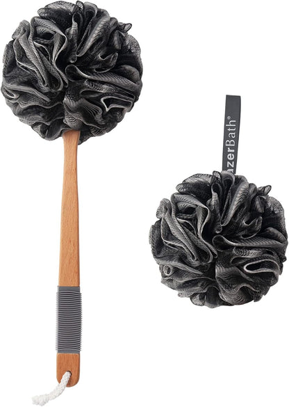 PE Soft Mesh Loofah Body Scrubber with Long Wooden Handle