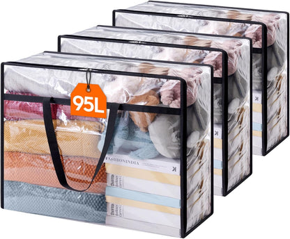 3 Pack Clear Clothes Storage Bags, 95L Plastic Blanket Storage Bags, Vinyl Foldable Moving Bags with Zipper, Closet Organizers and Storage Containers for Comforter, Bedding, Duvet, Pillow