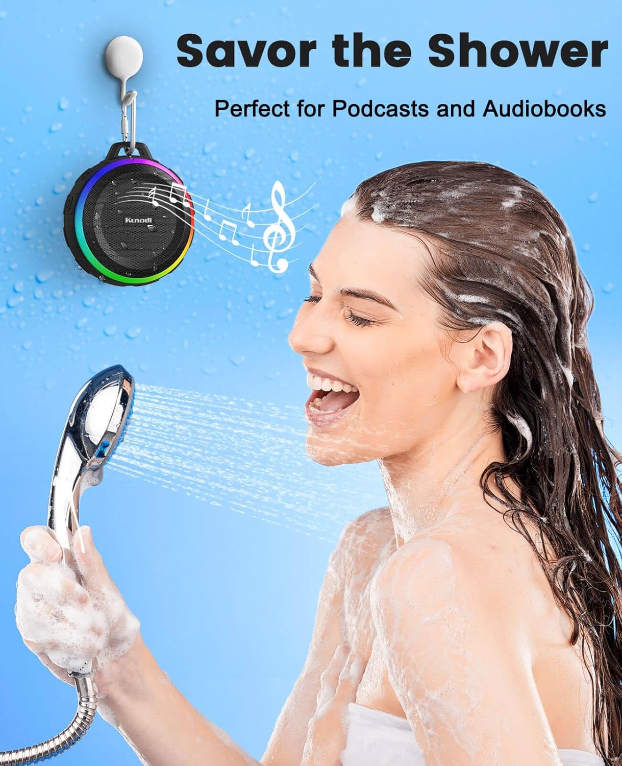 Portable IPX7 Waterproof Bluetooth Shower Speaker with Reinforced Carabiner Clip