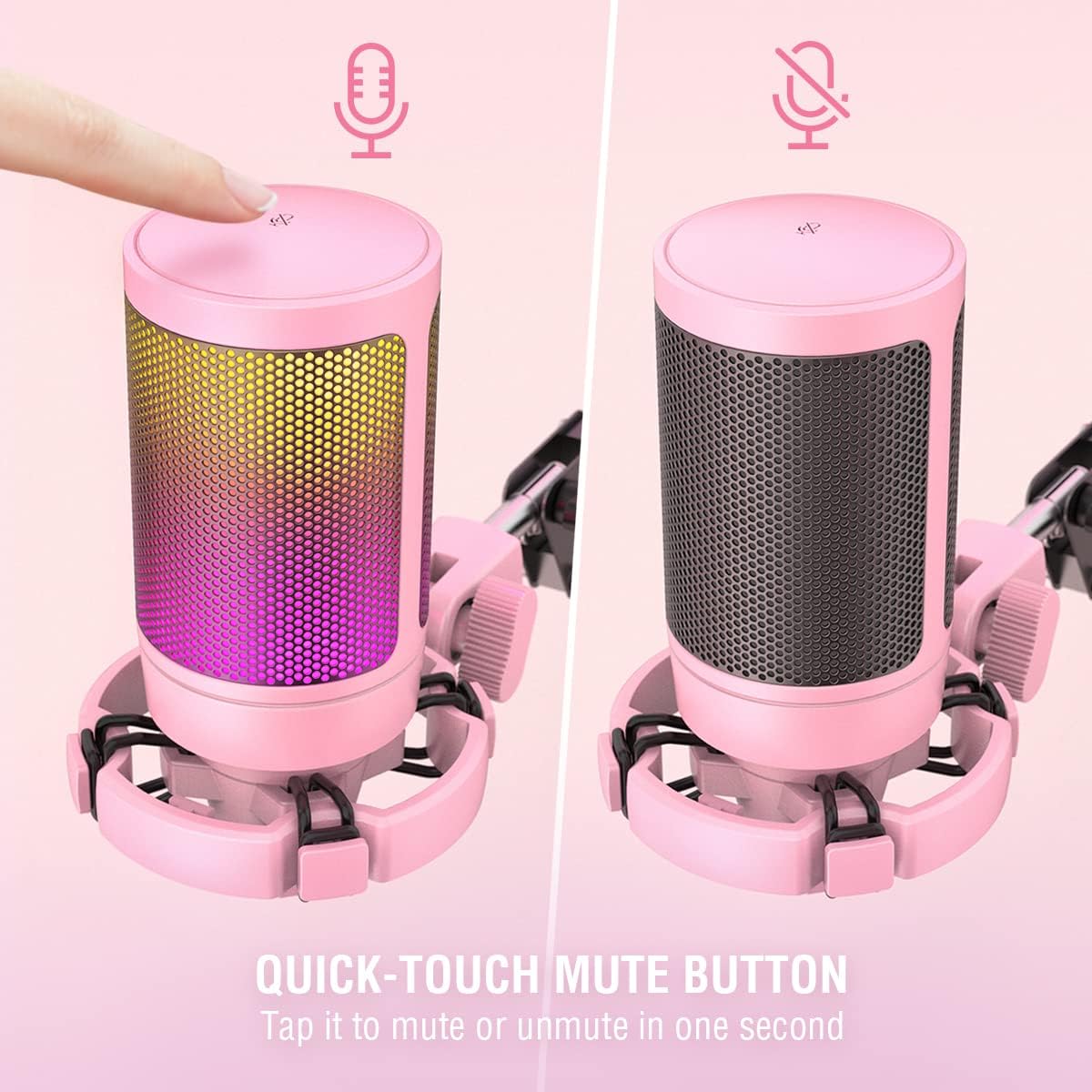 XLR Gaming Microphone USB, PC Dynamic Microphone Kit for Vocal, Recording, Podcast, Streaming RGB Mic with Headphone Jack, Mute Button, Boom Arm Stand for Computer/Mixer-Ampligame AM8T Pink