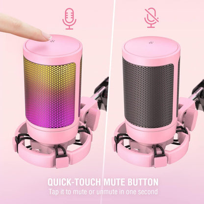 XLR Gaming Microphone USB, PC Dynamic Microphone Kit for Vocal, Recording, Podcast, Streaming RGB Mic with Headphone Jack, Mute Button, Boom Arm Stand for Computer/Mixer-Ampligame AM8T Pink