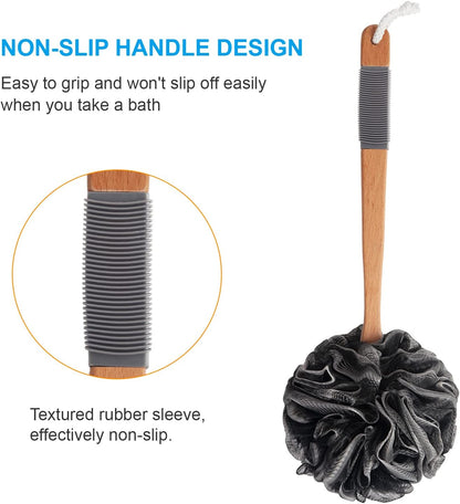 PE Soft Mesh Loofah Body Scrubber with Long Wooden Handle