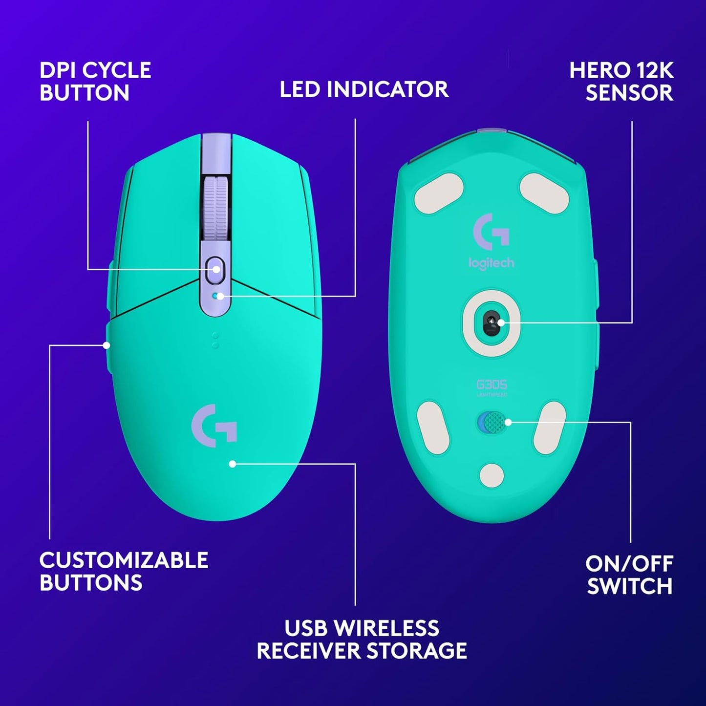 305 Lightspeed Wireless Gaming Mouse, Hero 12K Sensor, 12,000 DPI, Lightweight, 6 Programmable Buttons, 250H Battery Life, On-Board Memory, Pc/Mac - Mint