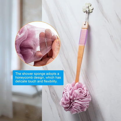 PE Soft Mesh Loofah Body Scrubber with Long Wooden Handle - pink
