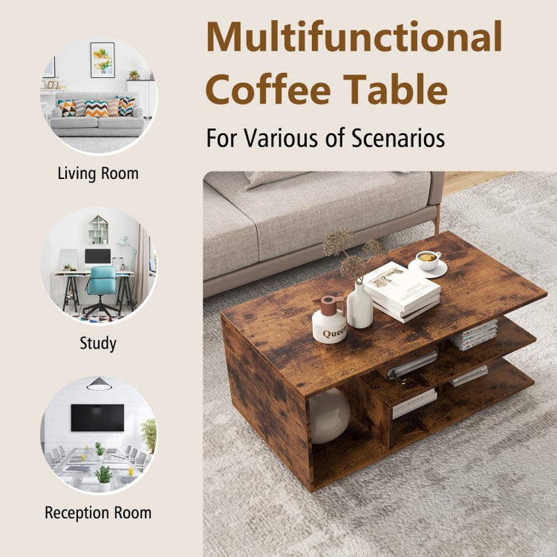 Rectangular Coffee Table Featuring L-Shaped Center Shelf