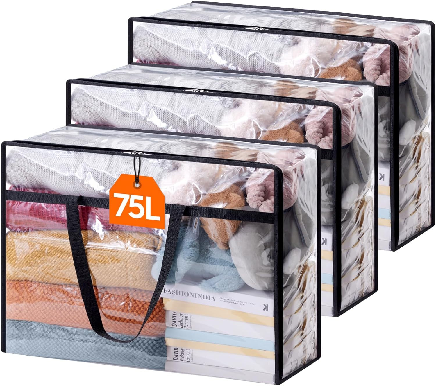 3 Pack Clear Clothes Storage Bags, 75L Large Plastic Blanket Storage, Vinyl Foldable Moving Bags with Zipper, Closet Organizers Containers for Comforter, Bedding, Duvet, Pillow