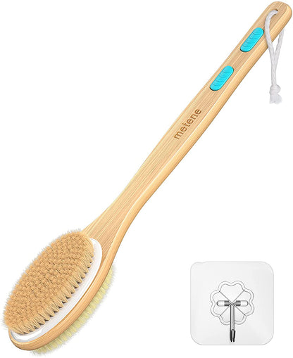 Dual-Sided Shower Brush with Soft and Stiff Bristles, Long Handle Back Scrubber and Body Exfoliator for Wet or Dry Use